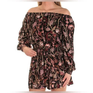 Free People Women's Floral Boho Open Back Long Sleeve Short Romper Medium
